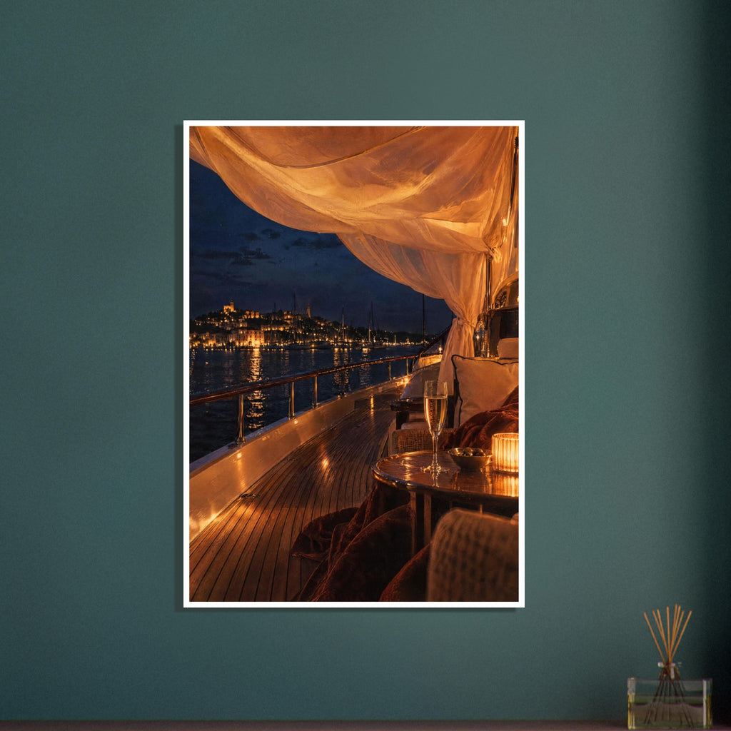 Yacht deck at night with glowing draped fabric, a candlelit table and a glass overlooking an illuminated harbour.