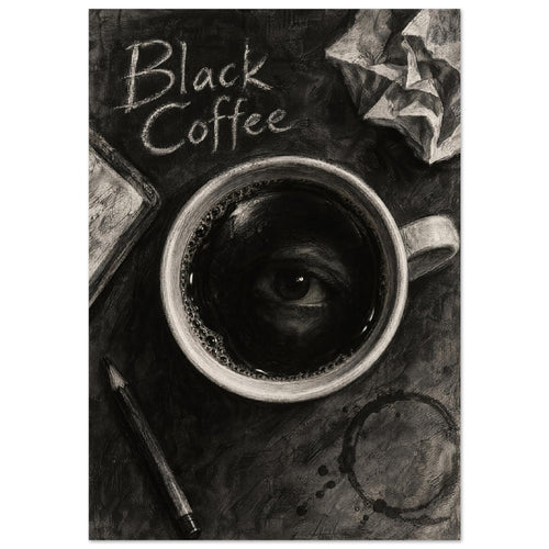 Coffee cup with an eye in its dark surface, ‘Black Coffee’ lettering, a pencil, crumpled paper and a cup stain.