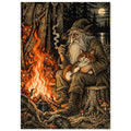 Bearded wizard holding a ginger cat beside a woodland fire, surrounded by horned creatures, with an owl and moon above.