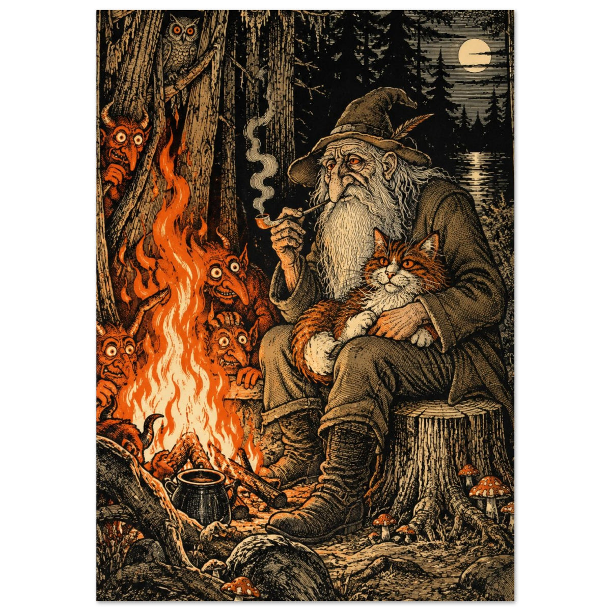 Bearded wizard holding a ginger cat beside a woodland fire, surrounded by horned creatures, with an owl and moon above.