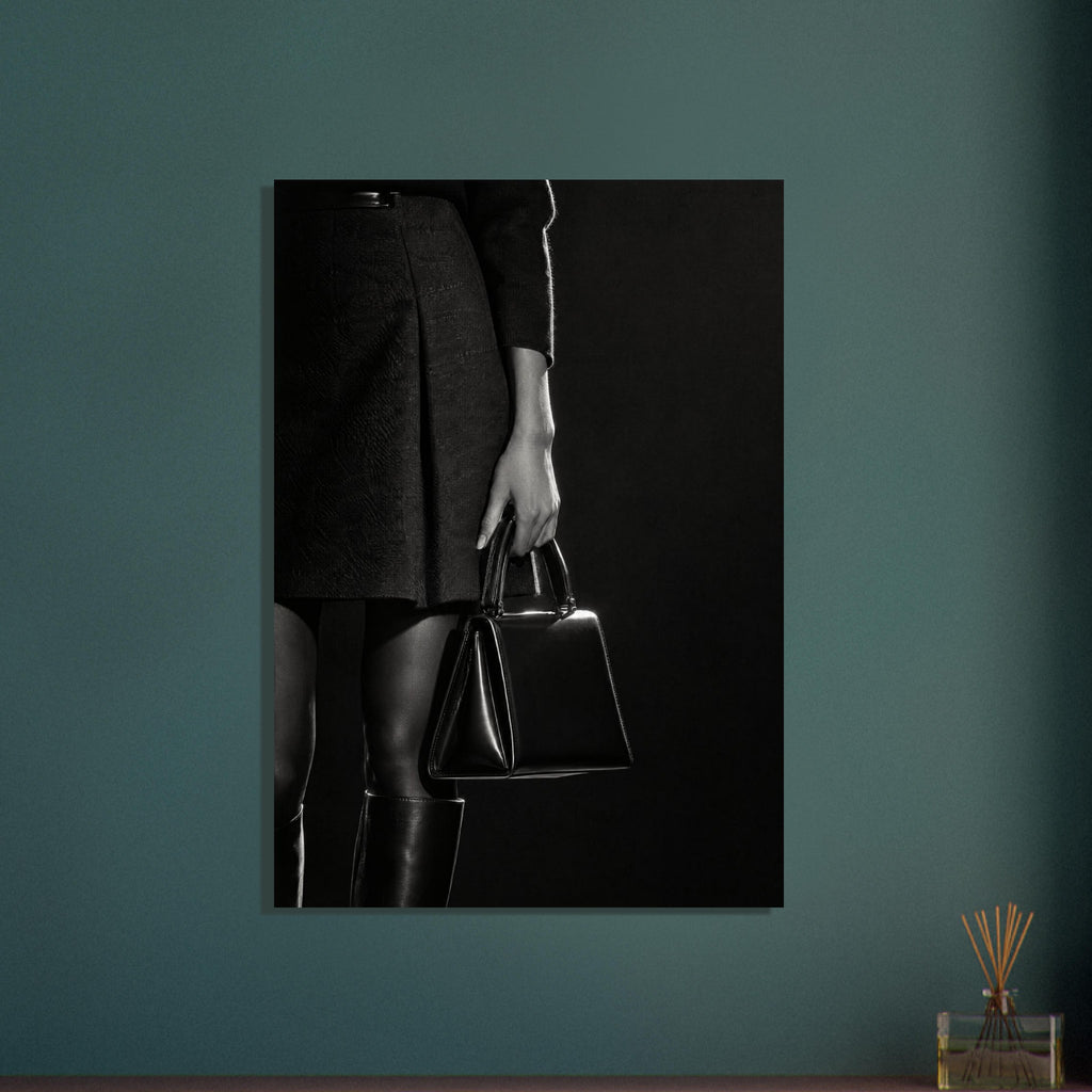 Cropped black and white photograph of a figure in a dark skirt and boots holding a glossy structured handbag.