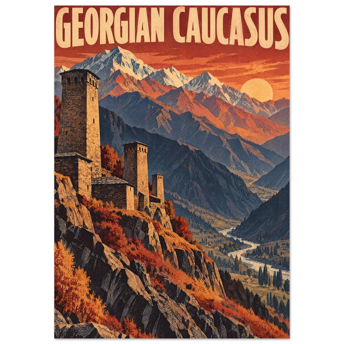 Georgian Caucasus Watchtowers Retro Travel Poster