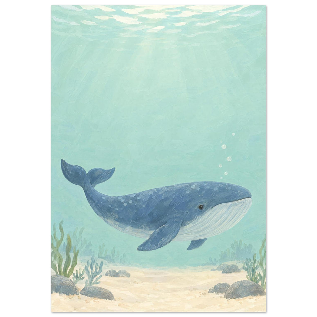 Blue whale swimming through pale aqua water above a sandy seabed with rocks and sea plants, beneath sunlit ripples.
