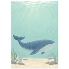 Blue whale swimming through pale aqua water above a sandy seabed with rocks and sea plants, beneath sunlit ripples.