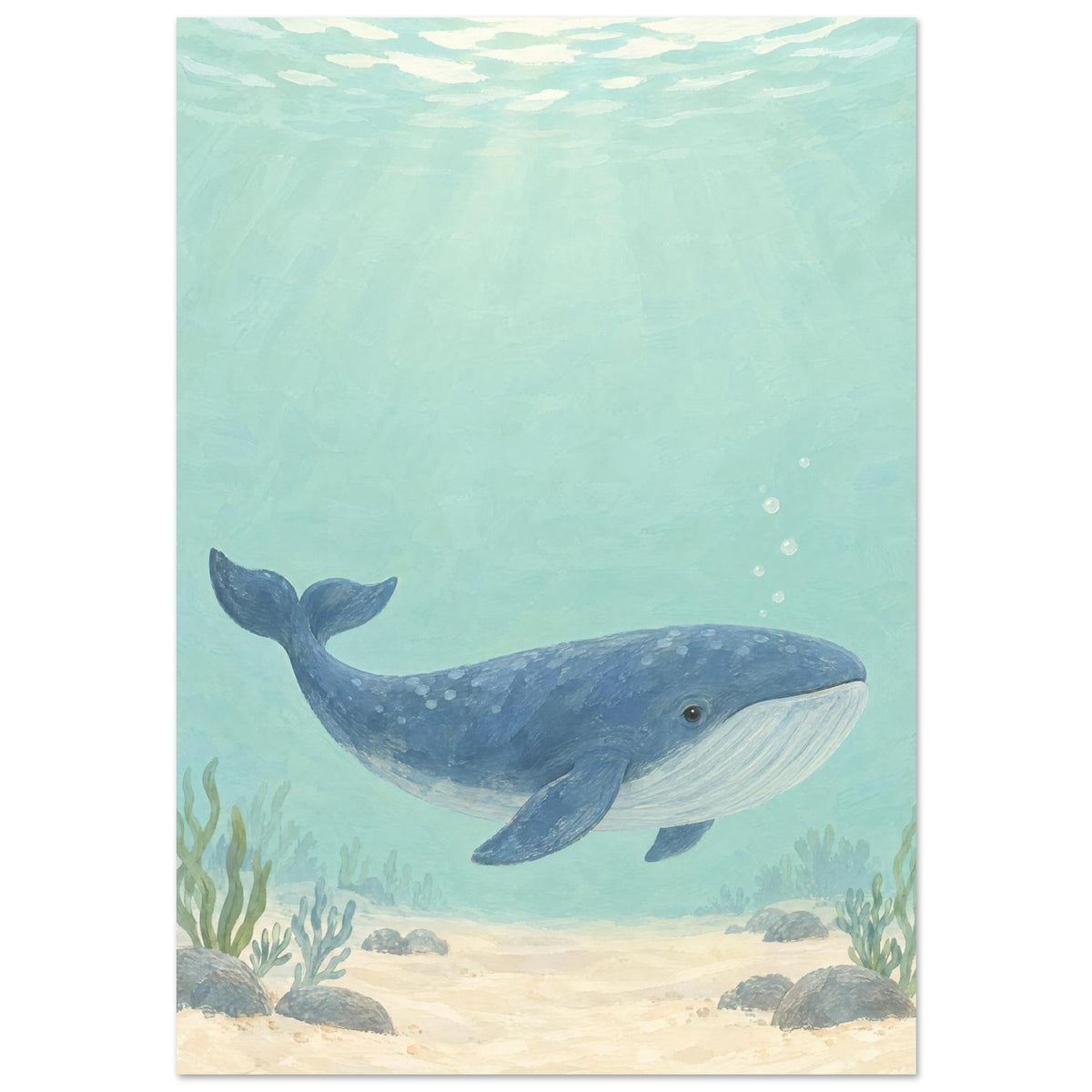 Blue whale swimming through pale aqua water above a sandy seabed with rocks and sea plants, beneath sunlit ripples.