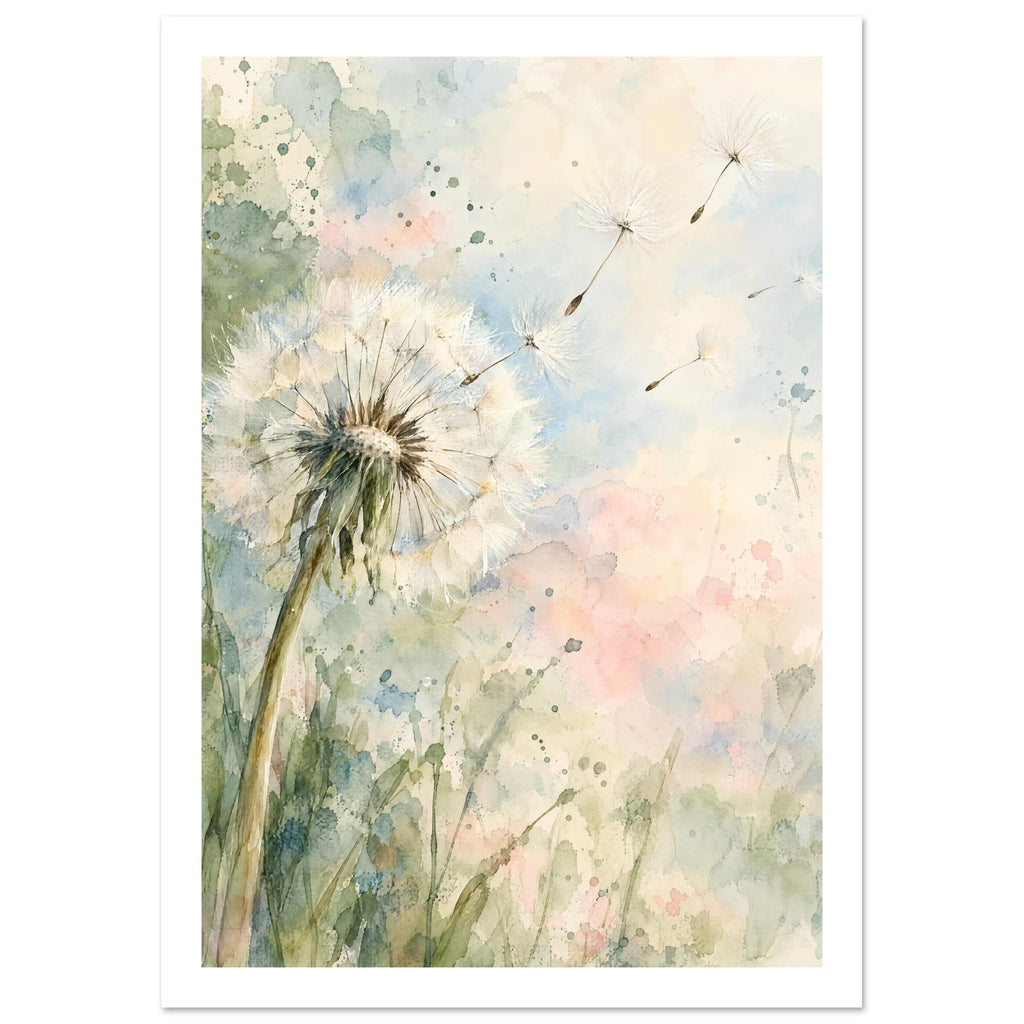 Dandelion seed head with floating seeds against soft cream, blue, green and pink watercolour washes.