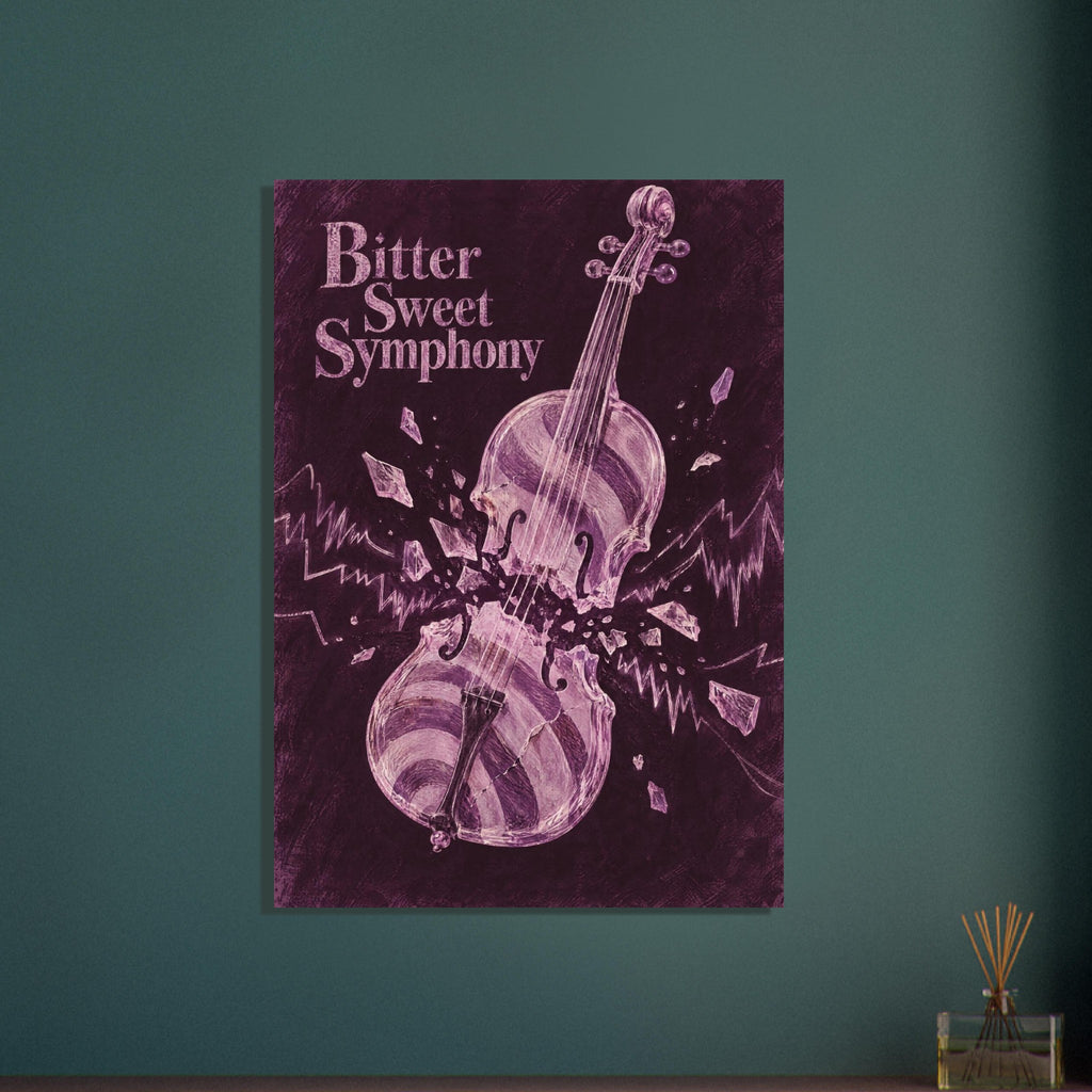 Shattered pink violin on a deep plum background with jagged lines and the words ‘Bitter Sweet Symphony’.