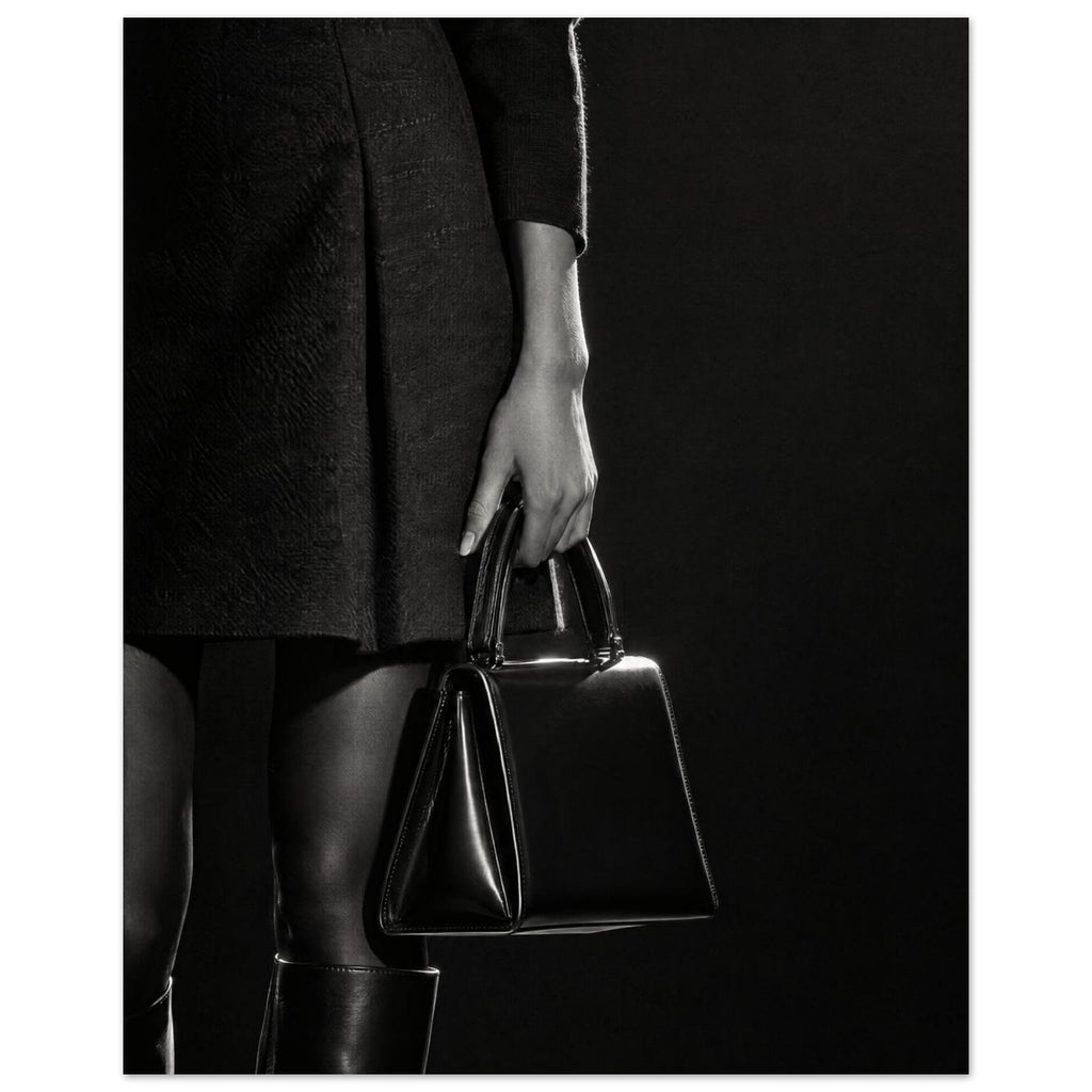 Cropped black and white photograph of a figure in a dark skirt and boots holding a glossy structured handbag.
