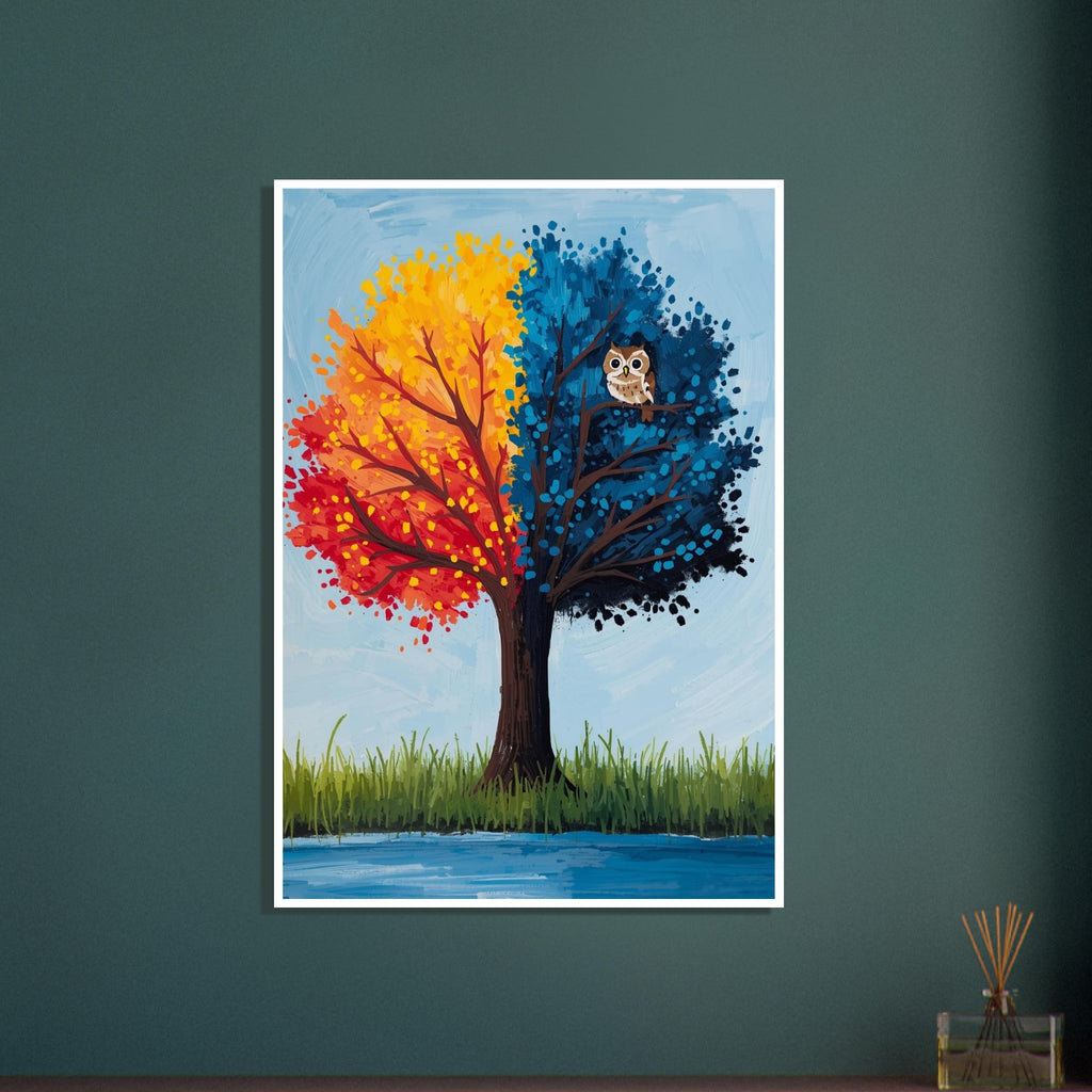 Tree with red, orange and yellow foliage on the left, blue foliage and a perched owl on the right, against pale blue.
