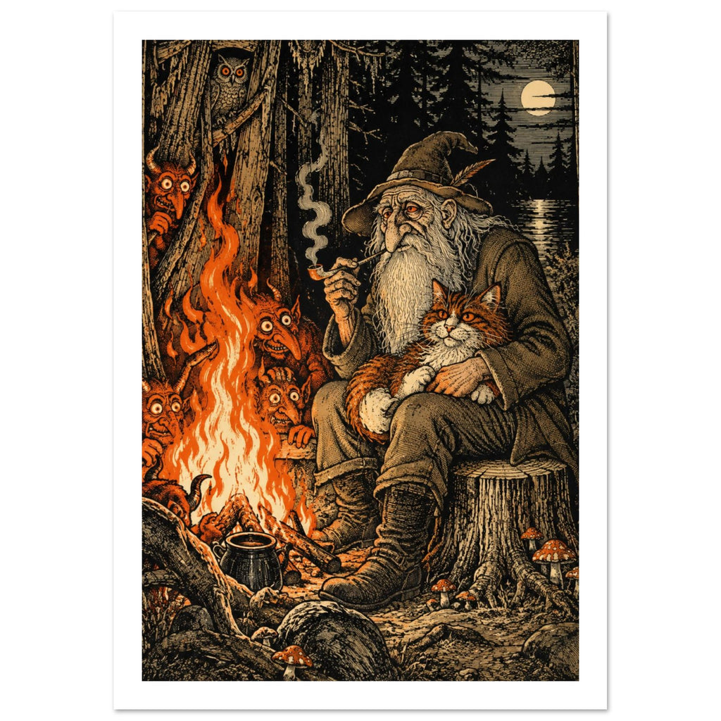 Bearded wizard holding a ginger cat beside a woodland fire, surrounded by horned creatures, with an owl and moon above.