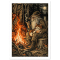Bearded wizard holding a ginger cat beside a woodland fire, surrounded by horned creatures, with an owl and moon above.