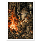 Bearded wizard holding a ginger cat beside a woodland fire, surrounded by horned creatures, with an owl and moon above.