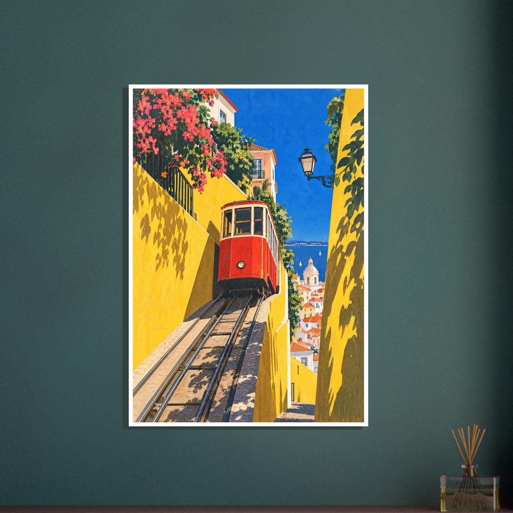 Red funicular on steep tracks between yellow walls, with pink flowers, blue sky and water beyond tiled rooftops.