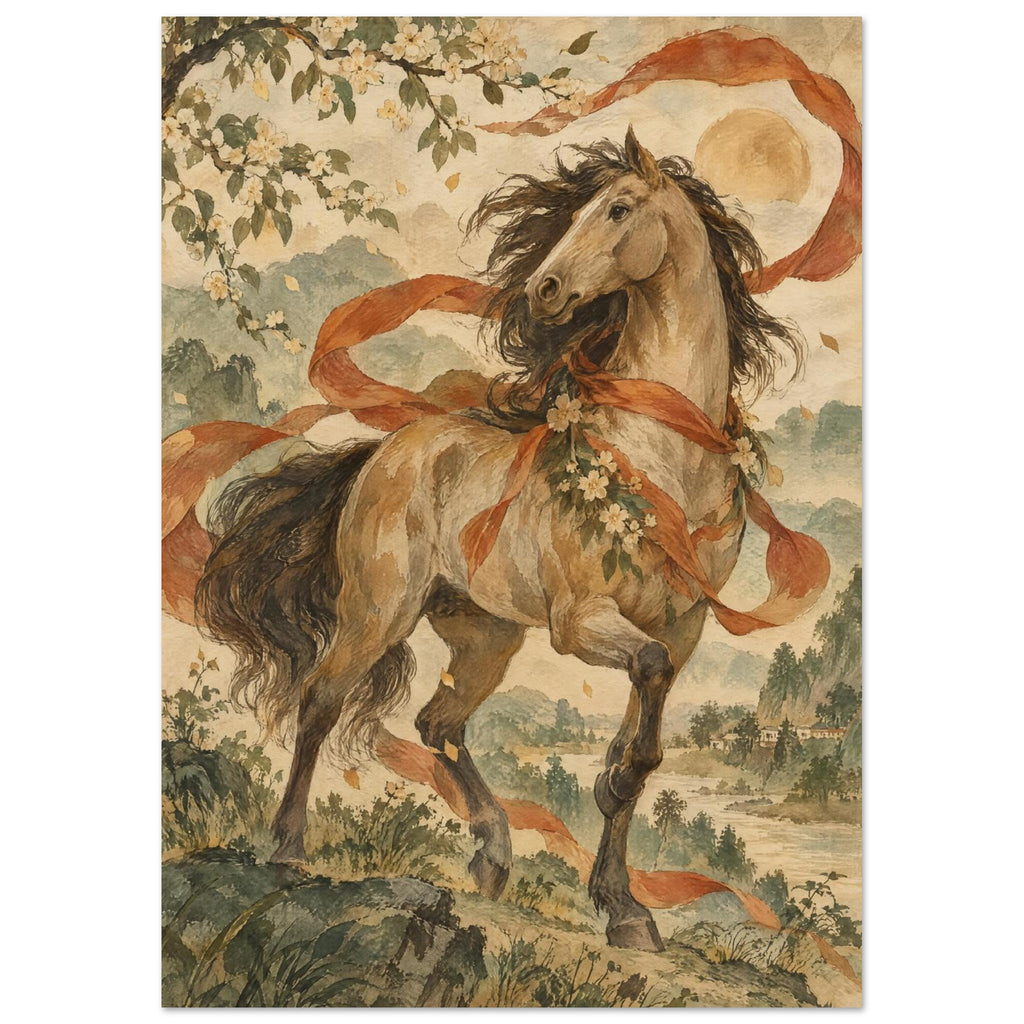 Golden-brown horse with flowing terracotta ribbons and cream blossoms, set against mountains, water and leafy branches.
