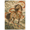 Golden-brown horse with flowing terracotta ribbons and cream blossoms, set against mountains, water and leafy branches.