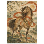 Golden-brown horse with flowing terracotta ribbons and cream blossoms, set against mountains, water and leafy branches.