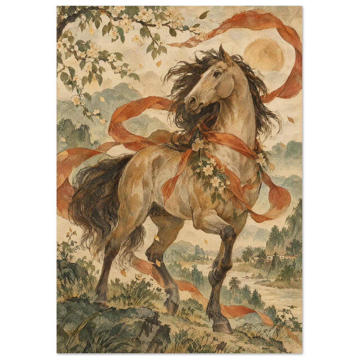 Golden-brown horse with flowing terracotta ribbons and cream blossoms, set against mountains, water and leafy branches.