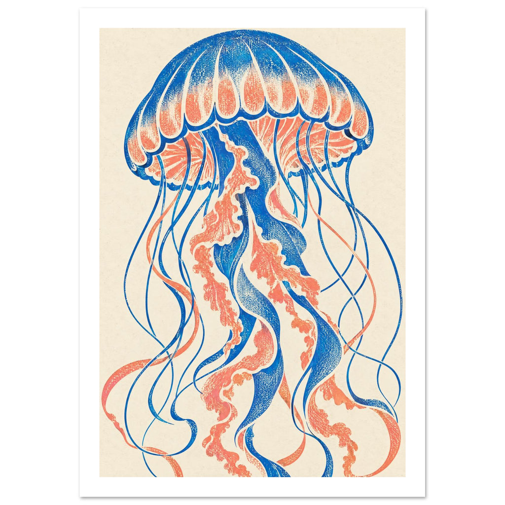 Jellyfish with a blue and coral scalloped bell and long curling tentacles on a textured cream background.