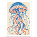 Jellyfish with a blue and coral scalloped bell and long curling tentacles on a textured cream background.