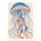 Jellyfish with a blue and coral scalloped bell and long curling tentacles on a textured cream background.