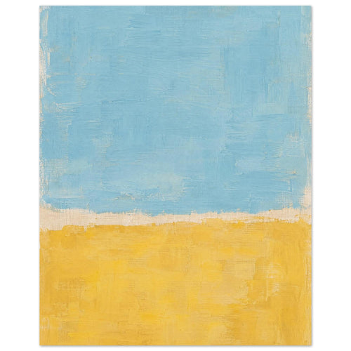 Abstract colour blocks with pale blue above warm yellow, textured brush marks and an uneven cream divide.
