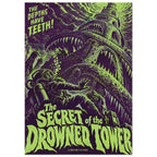 Diver facing an underwater tower filled with tooth-lined mouths, with lime green horror lettering on deep purple.