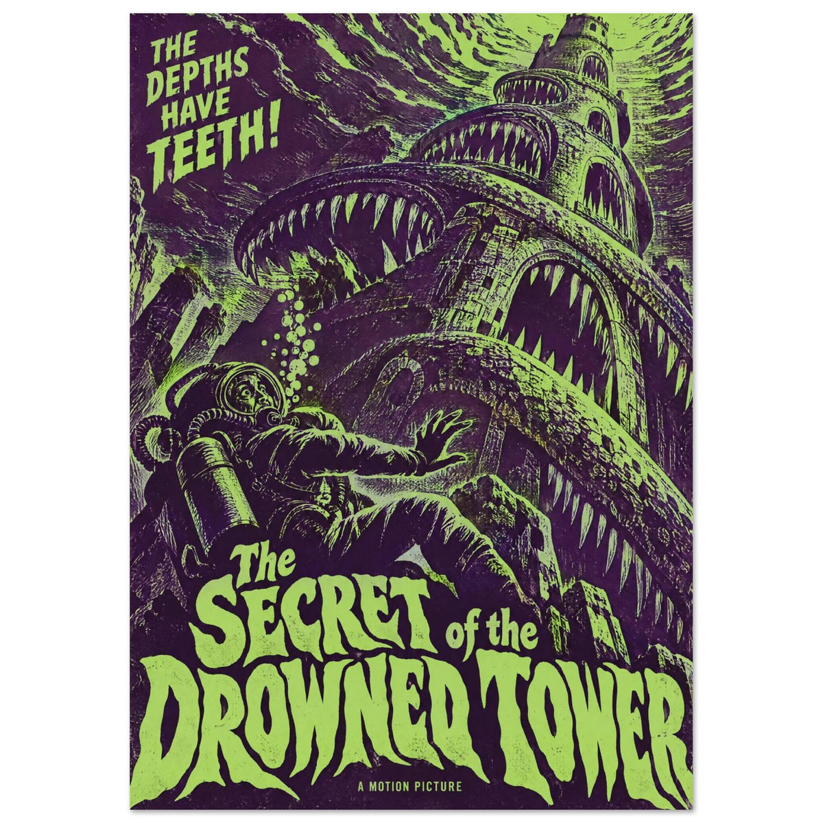 Diver facing an underwater tower filled with tooth-lined mouths, with lime green horror lettering on deep purple.