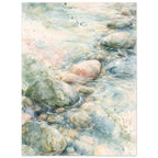 Watercolour of rounded pebbles in shallow flowing water, with soft blue, green and cream washes and fine white ripples.