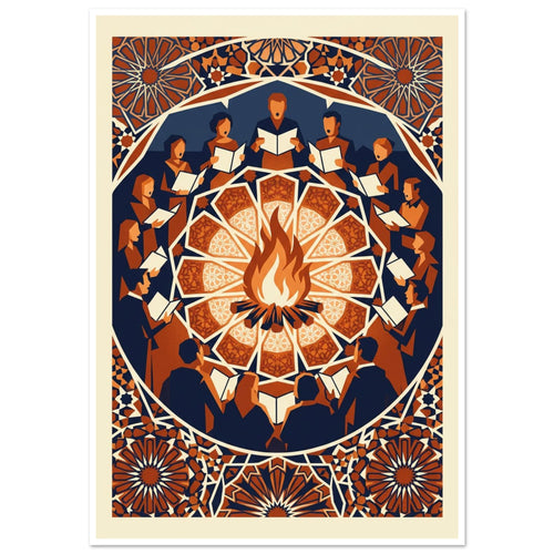 Singers holding open songbooks circle a bonfire, surrounded by ornate geometric patterns in navy, orange and cream.