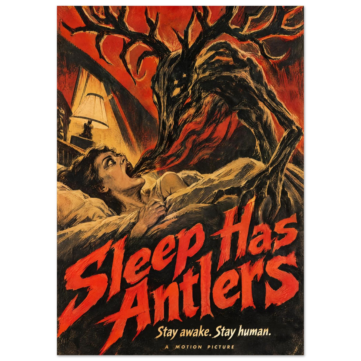 Antlered skeletal monster looming over a person in bed, with red ‘Sleep Has Antlers’ lettering and distressed textures.