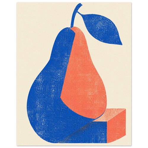 Stylised blue and coral pear with a blue leaf and geometric base, rendered in a distressed texture on cream.