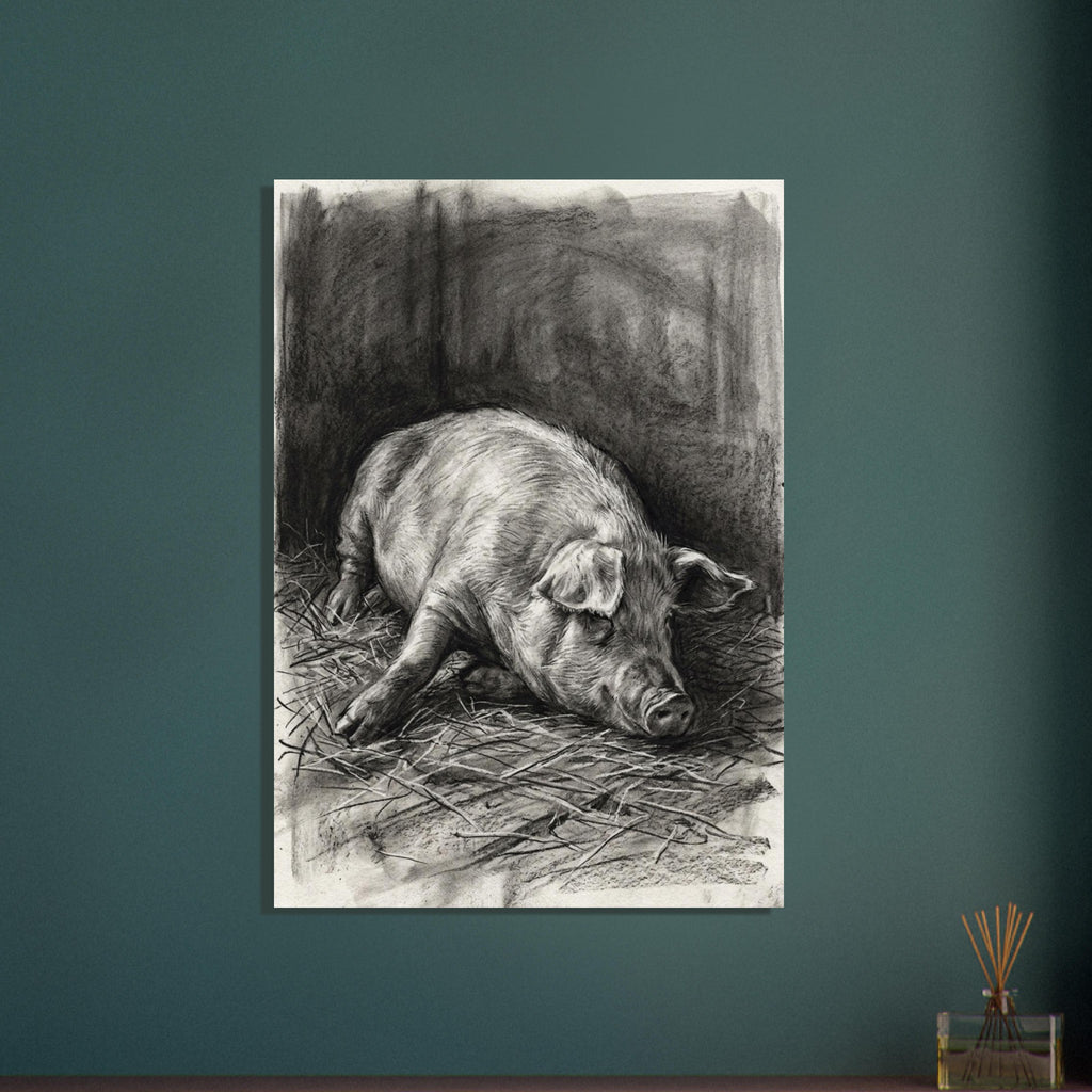 Pig resting on scattered straw, drawn with fine charcoal strokes and deep grey shading against a dark background.