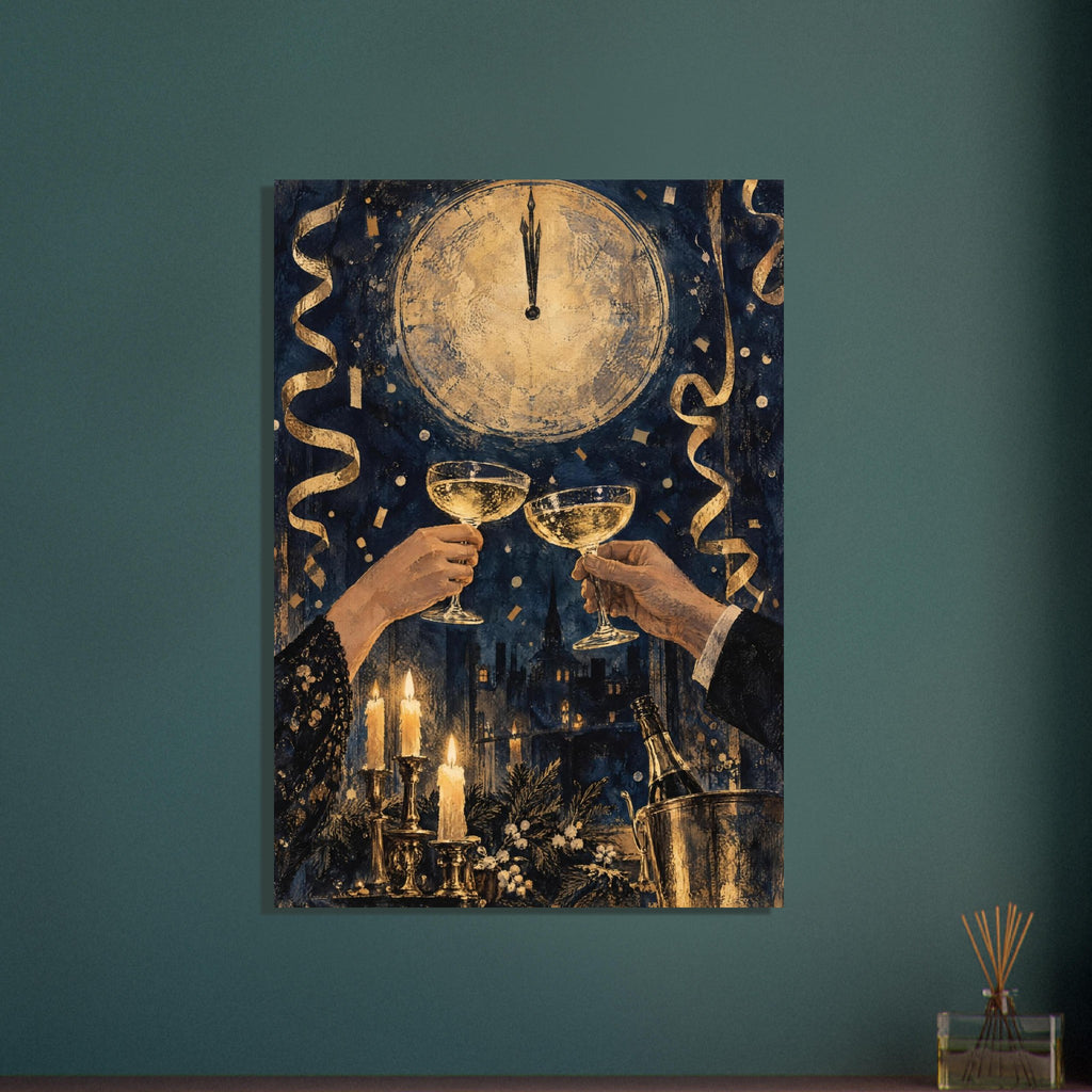 Two hands raising champagne coupes beneath a gold clock, with streamers, candles and a bottle against a dark navy skyline.
