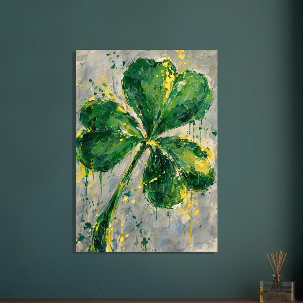 Four leaf clover painted in layered greens with yellow splashes and paint drips on a mottled grey and cream background.