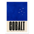 Cobalt blue field with small cream marks above a cream panel reading ‘COBALT’ in black and ‘INTO THE BLUE’ below.