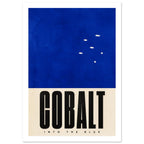 Cobalt blue field with small cream marks above a cream panel reading ‘COBALT’ in black and ‘INTO THE BLUE’ below.