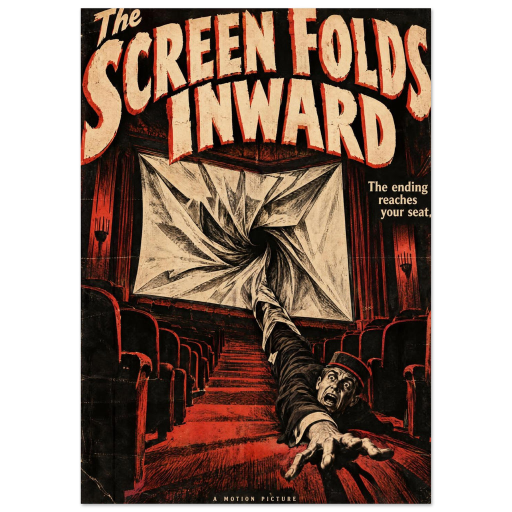 Cinema screen twists into a vortex above a terrified reaching man, with cream horror lettering and red and black seating.