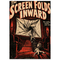 Cinema screen twists into a vortex above a terrified reaching man, with cream horror lettering and red and black seating.