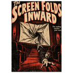 Cinema screen twists into a vortex above a terrified reaching man, with cream horror lettering and red and black seating.