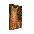 Ginger tabby sitting beside a wrapped gift beneath a Christmas tree decorated with candles, baubles and a star.