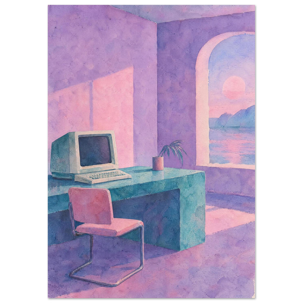 Retro computer on a turquoise desk with a pink chair, lilac walls and an arched window overlooking water at sunset.