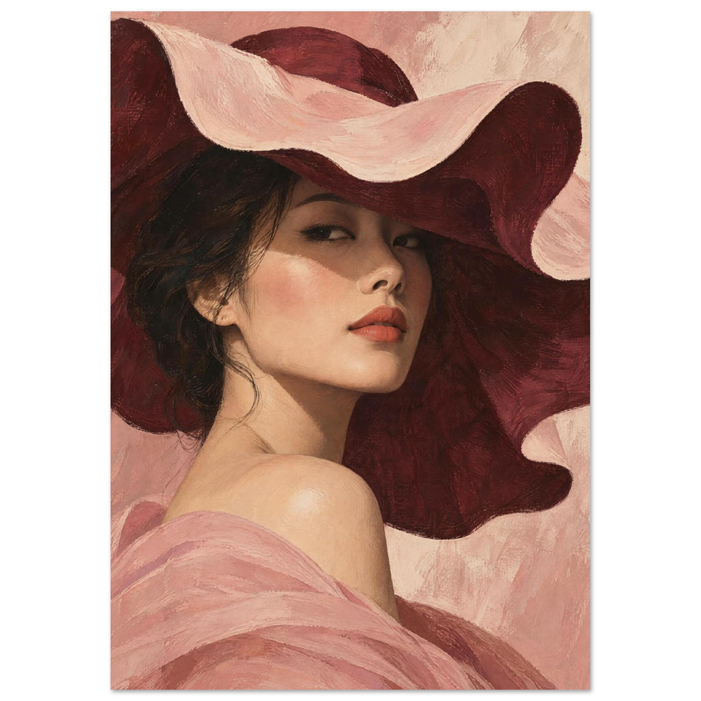 The Scalloped Hat portrays a woman beneath a broad blush hat with an undulating brim and a soft shadow across her eyes.