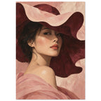 The Scalloped Hat portrays a woman beneath a broad blush hat with an undulating brim and a soft shadow across her eyes.