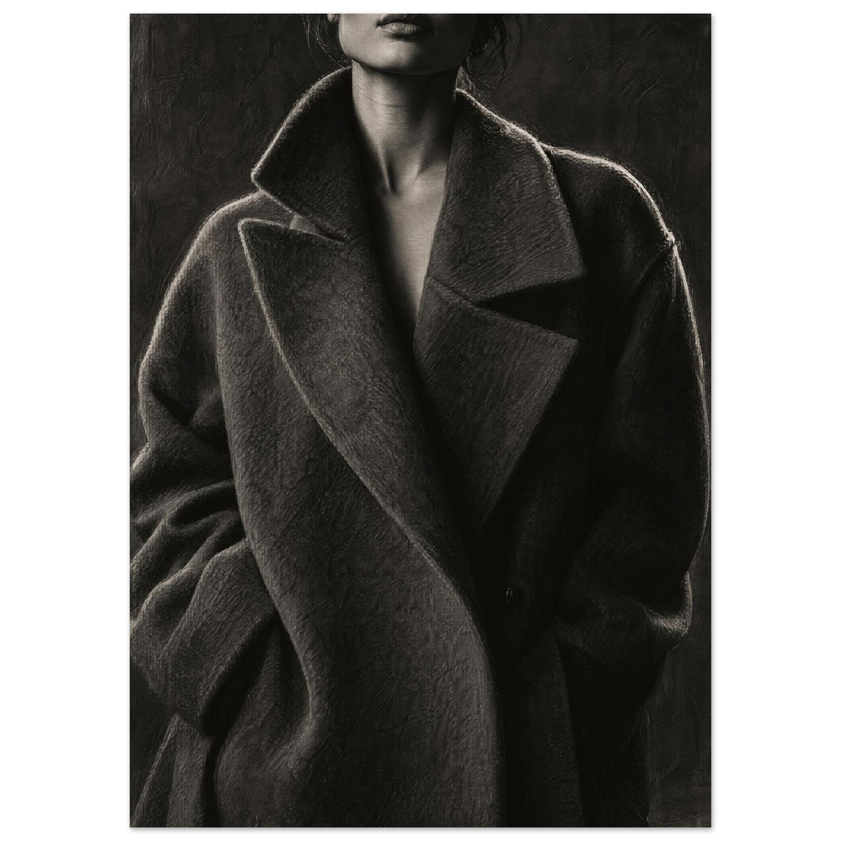 The Oversized Lapel, a chin-to-hip photograph of a model in a wool coat with a brightly outlined shoulder against charcoal sh