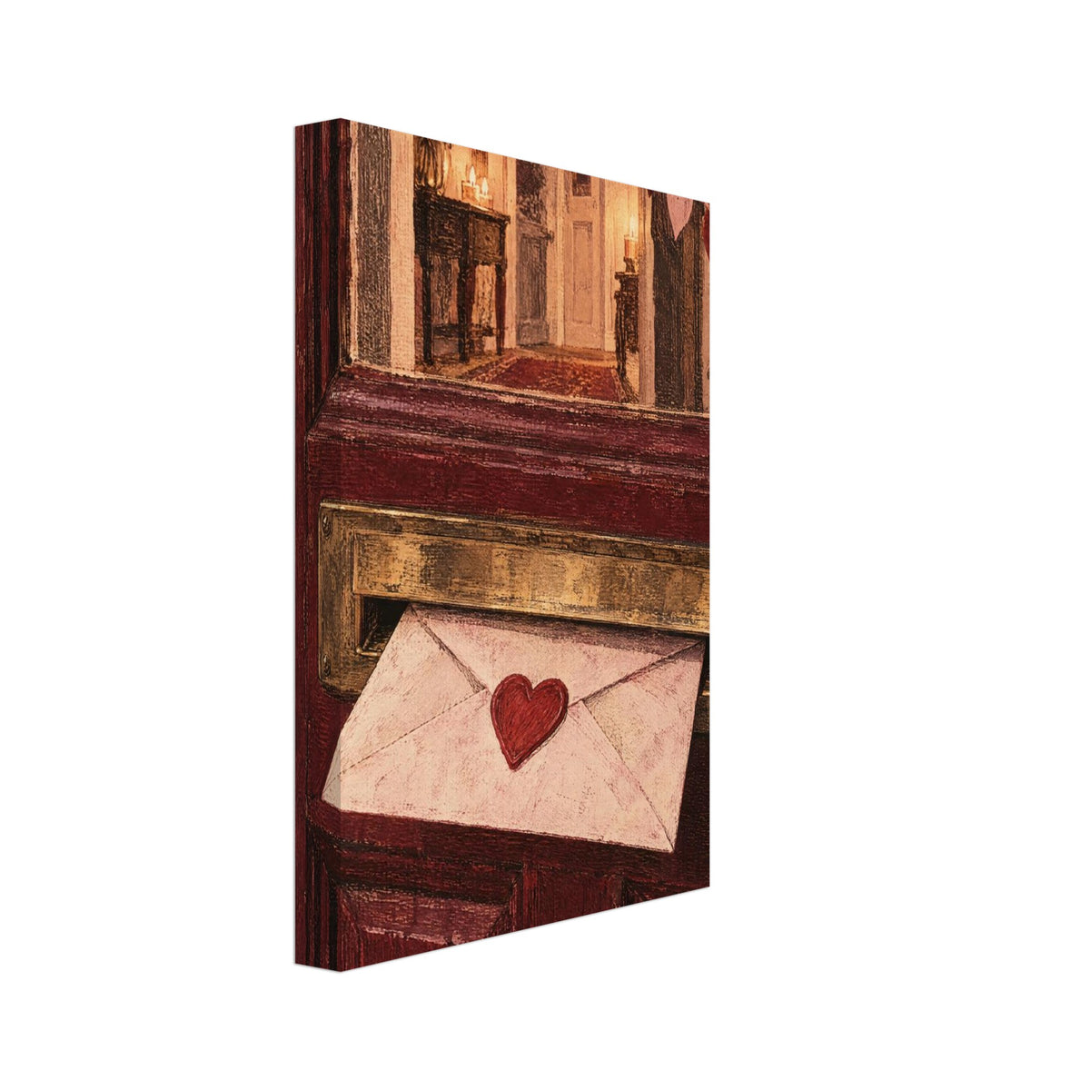 Heart-sealed envelope in a brass letterbox on a burgundy door, with candles and heart garlands visible through the glass.