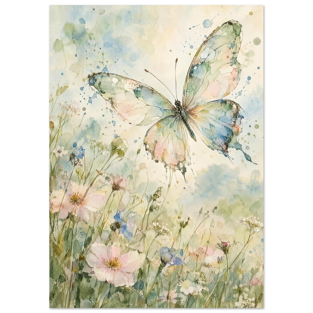 Pastel butterfly with spread wings above pink, blue and white wildflowers in soft green and blue watercolour washes.
