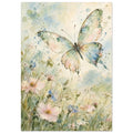 Pastel butterfly with spread wings above pink, blue and white wildflowers in soft green and blue watercolour washes.