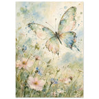 Pastel butterfly with spread wings above pink, blue and white wildflowers in soft green and blue watercolour washes.