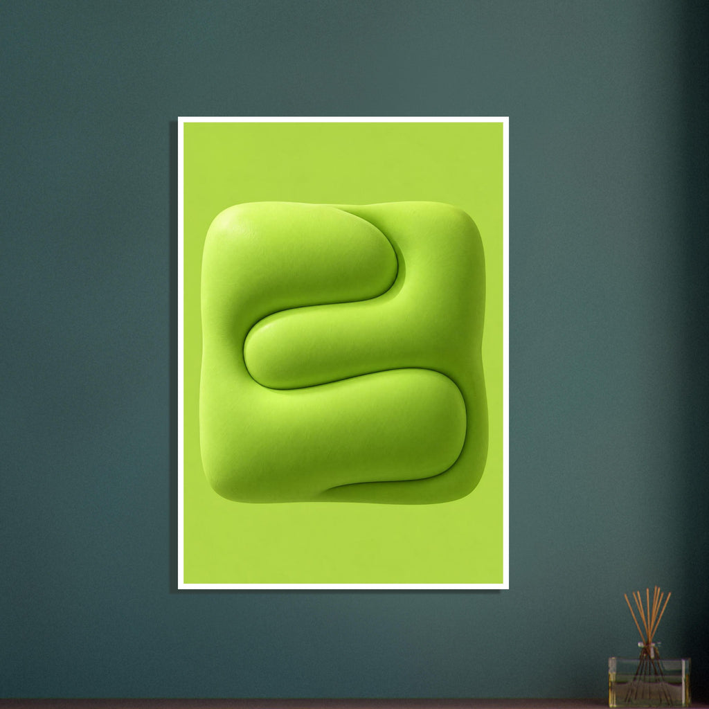 Lime green rounded abstract forms interlock around a winding groove on a matching green background.