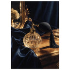 Faceted glass perfume bottle with black bulb and tassel on a golden tabletop beside navy drapery and an ornate mirror.